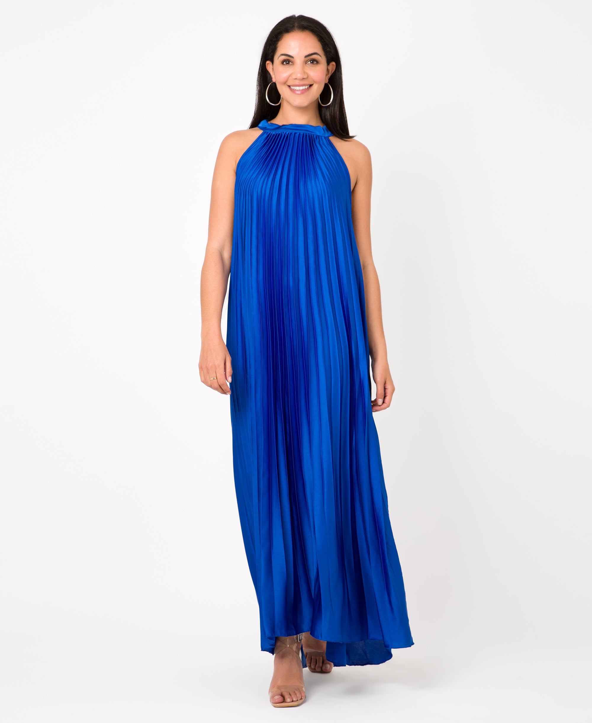 KRISP Plain Pleated Satin Halterneck Maxi Dress (11111)